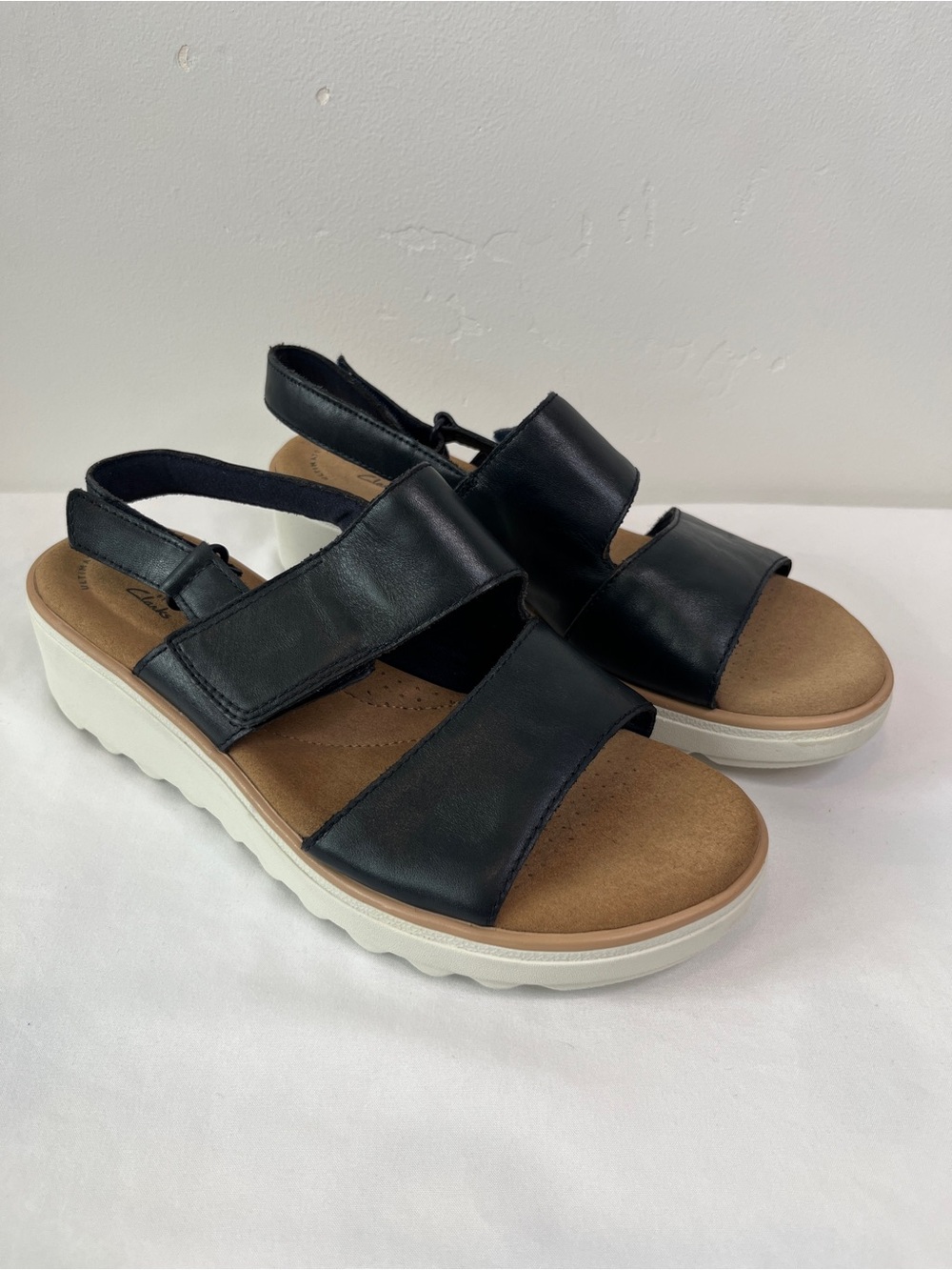 Clarks Jillian Pearl Wedge Sandals Navy Leather Comfort Slingback Size 7M